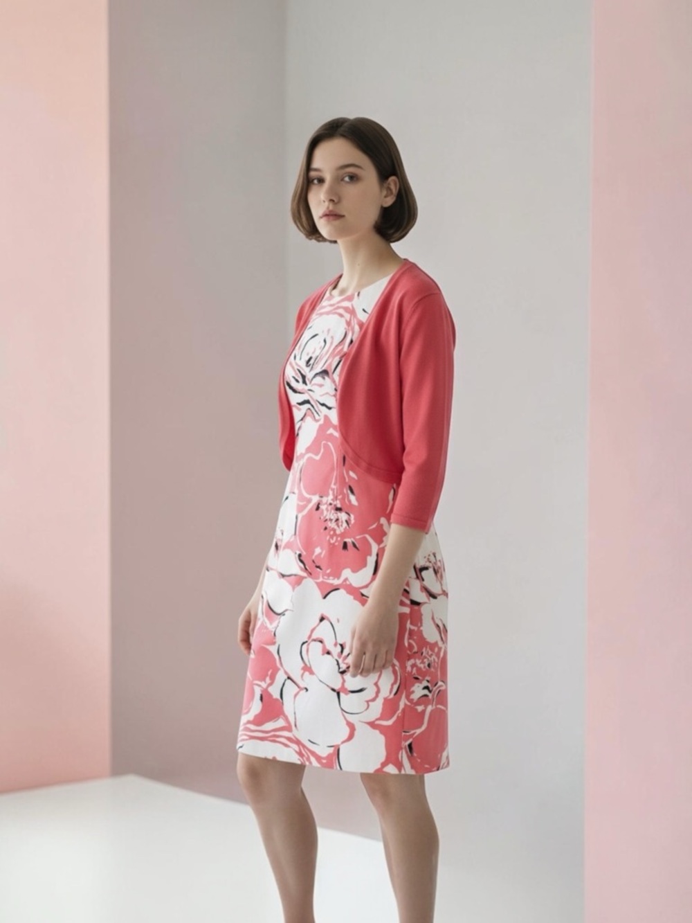 Talbots Coral Floral Dress & Shrug Set Size 10 Midi Lined Occasion